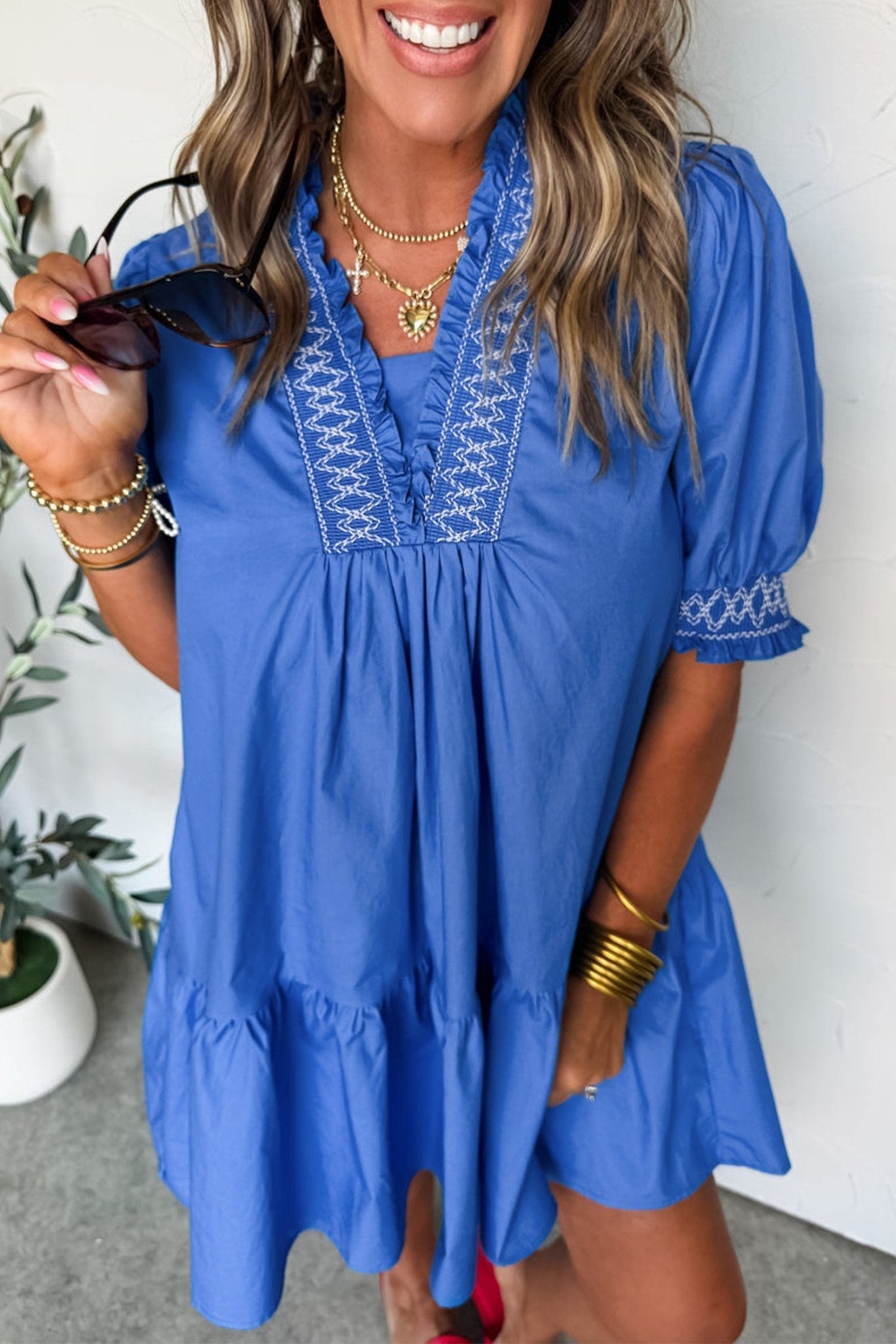 Embroidered Smocked V-Neck Puff Sleeve Mini Dress - Rooted & Reckless Co.