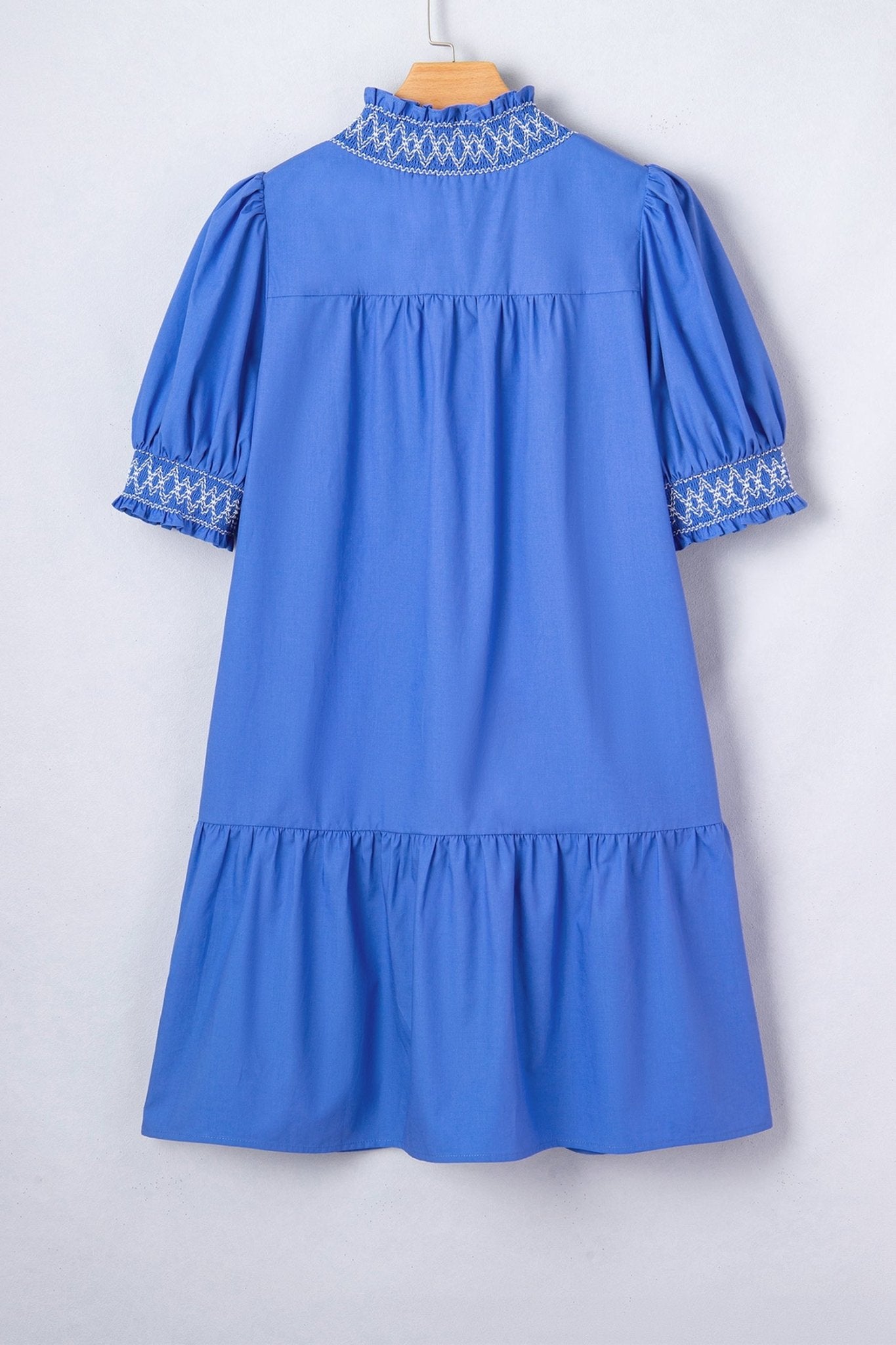 Embroidered Smocked V-Neck Puff Sleeve Mini Dress - Rooted & Reckless Co.
