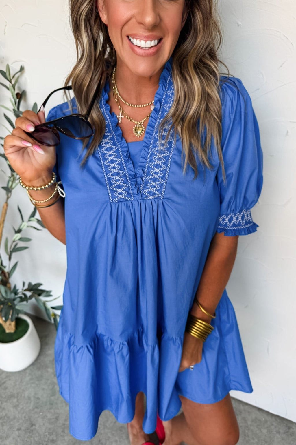 Embroidered Smocked V-Neck Puff Sleeve Mini Dress - Rooted & Reckless Co.