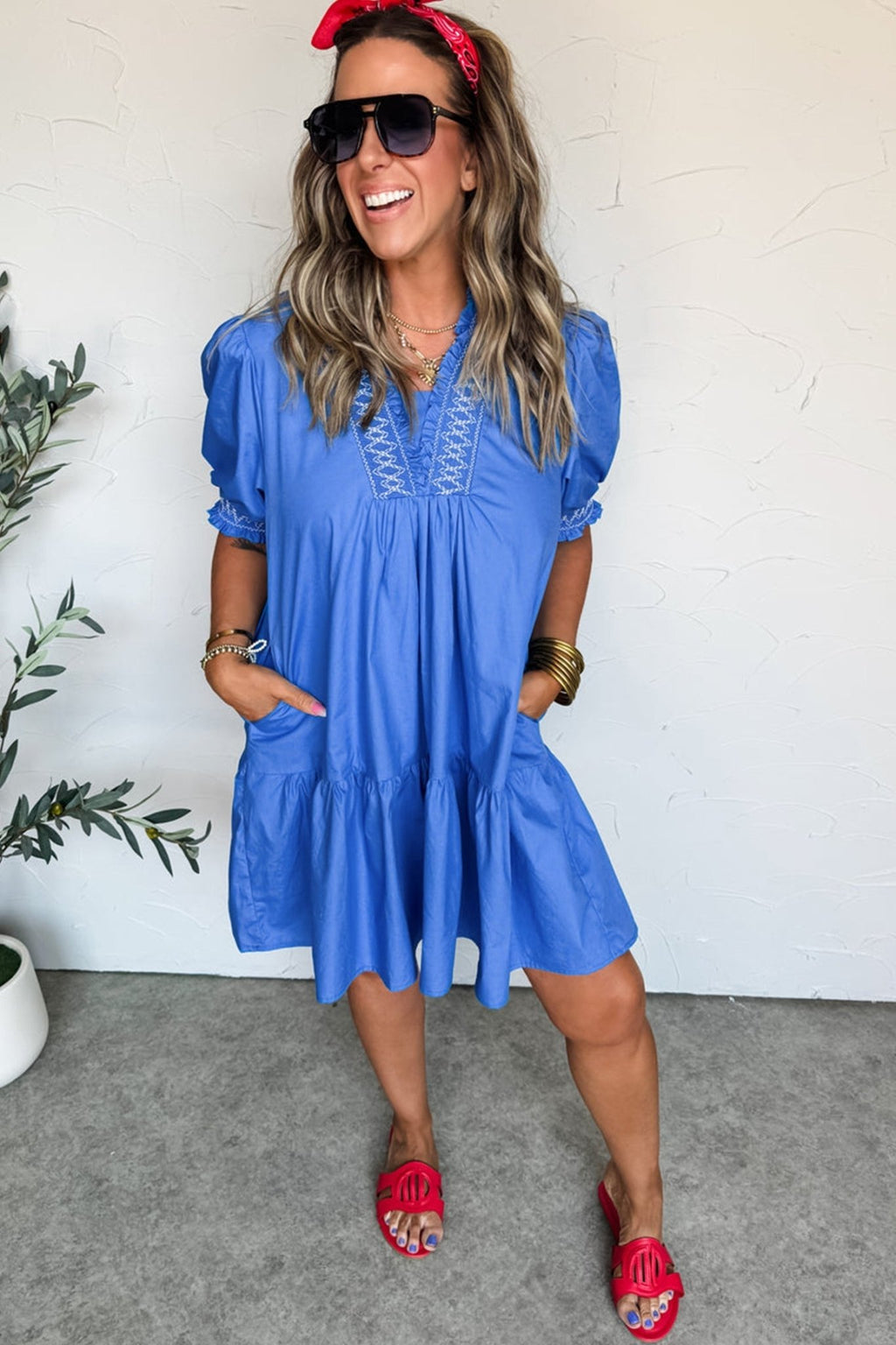 Embroidered Smocked V-Neck Puff Sleeve Mini Dress - Rooted & Reckless Co.
