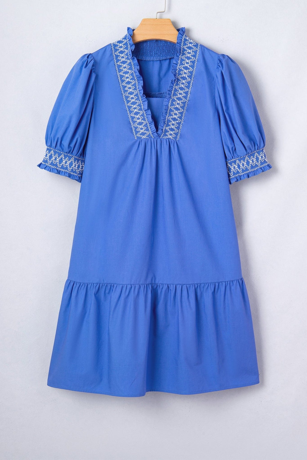 Embroidered Smocked V-Neck Puff Sleeve Mini Dress - Rooted & Reckless Co.