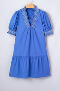 Embroidered Smocked V-Neck Puff Sleeve Mini Dress - Rooted & Reckless Co.