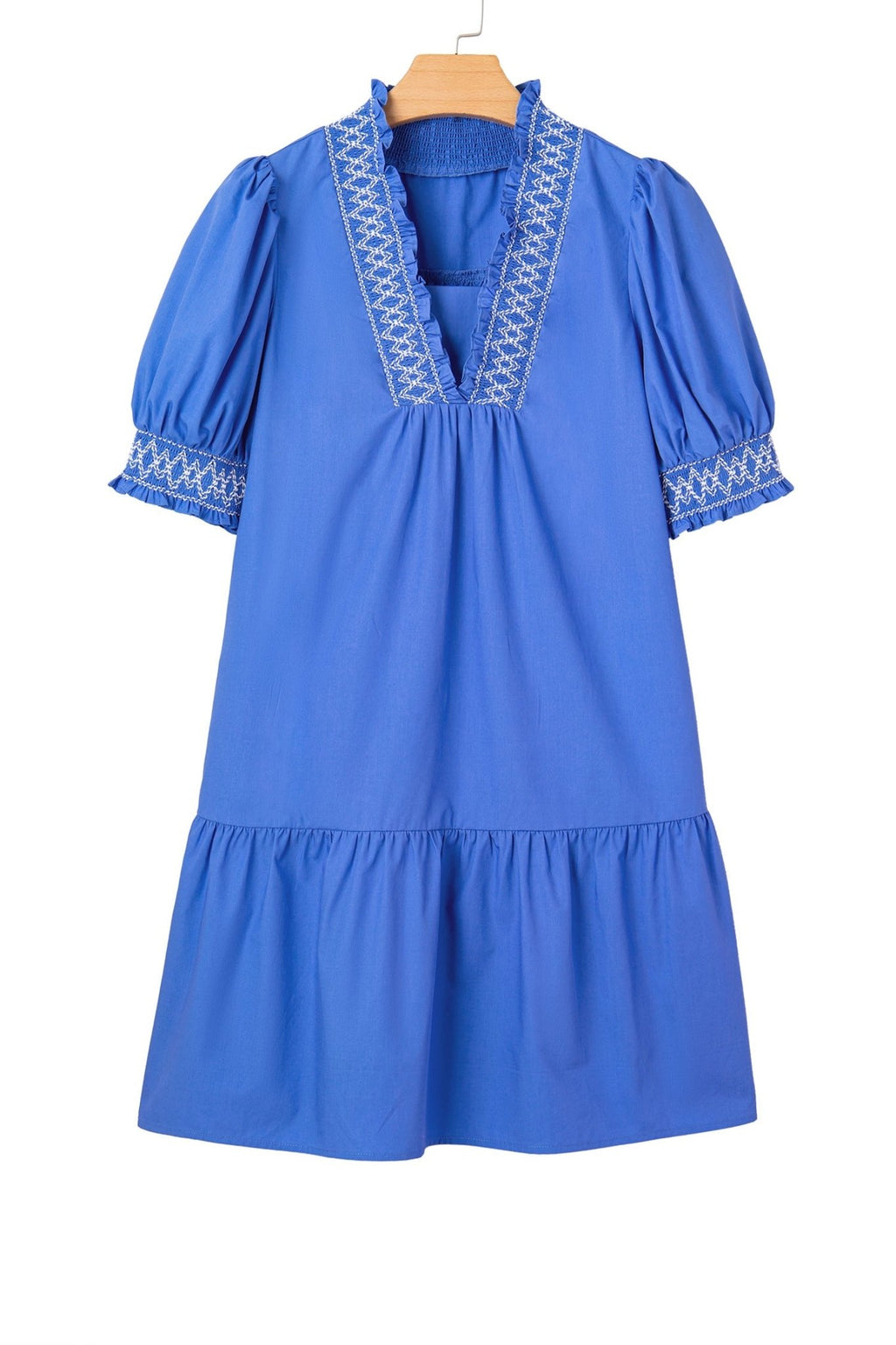 Embroidered Smocked V-Neck Puff Sleeve Mini Dress - Rooted & Reckless Co.