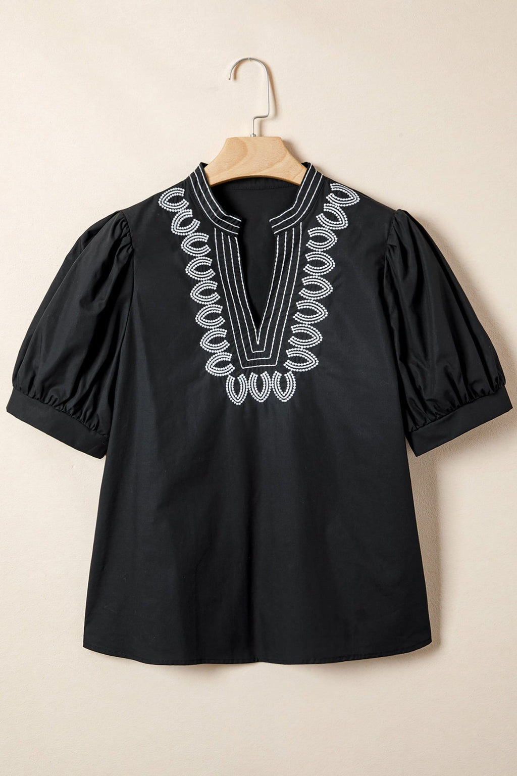 Embroidered V-Neck Short Puff Sleeve Blouse - Rooted & Reckless Co.