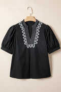 Embroidered V-Neck Short Puff Sleeve Blouse - Rooted & Reckless Co.