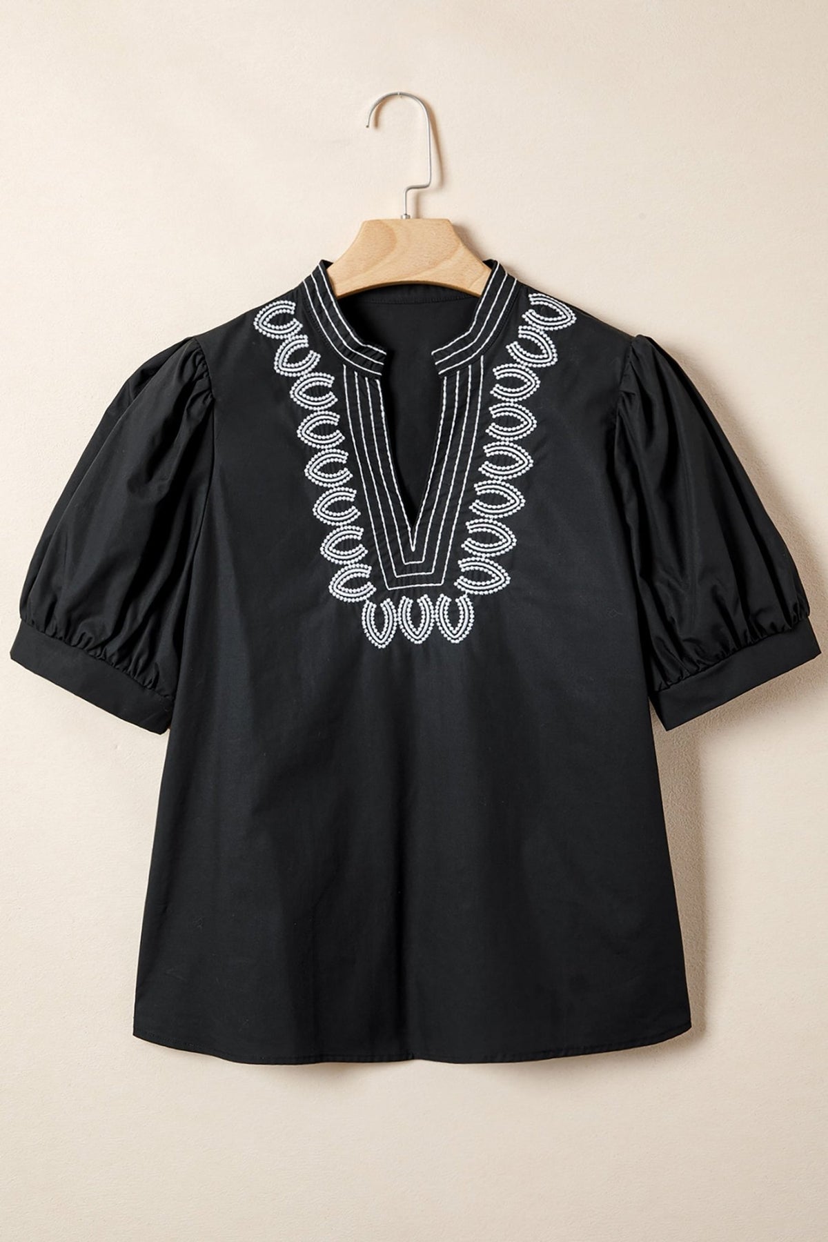 Embroidered V-Neck Short Puff Sleeve Blouse - Rooted & Reckless Co.