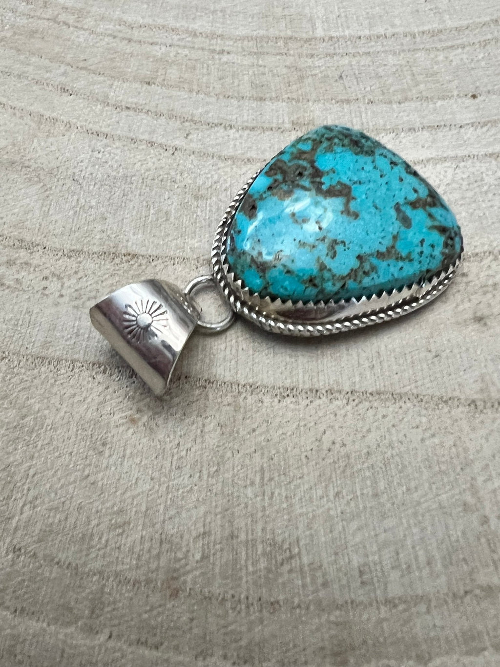 Ernest Hawthorne Navajo Sterling Silver Pendant with Egyptian Turquoise — 1 1/2" × 3/4" (Hallmarked) - Rooted & Reckless Co.