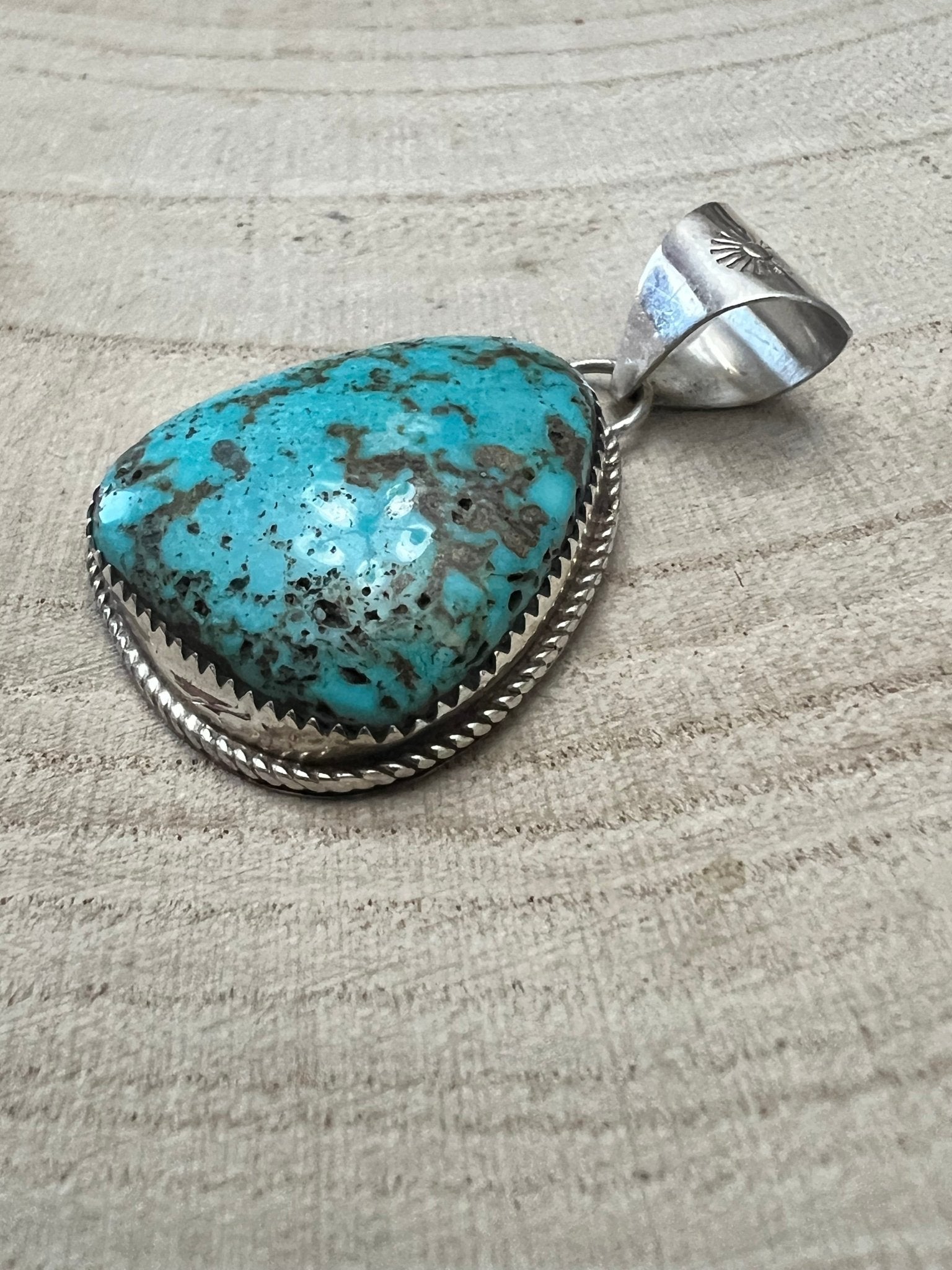 Ernest Hawthorne Navajo Sterling Silver Pendant with Egyptian Turquoise — 1 1/2" × 3/4" (Hallmarked) - Rooted & Reckless Co.