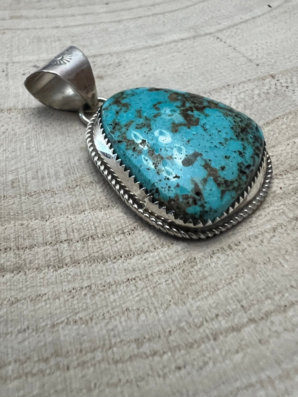 Ernest Hawthorne Navajo Sterling Silver Pendant with Egyptian Turquoise — 1 1/2" × 3/4" (Hallmarked) - Rooted & Reckless Co.