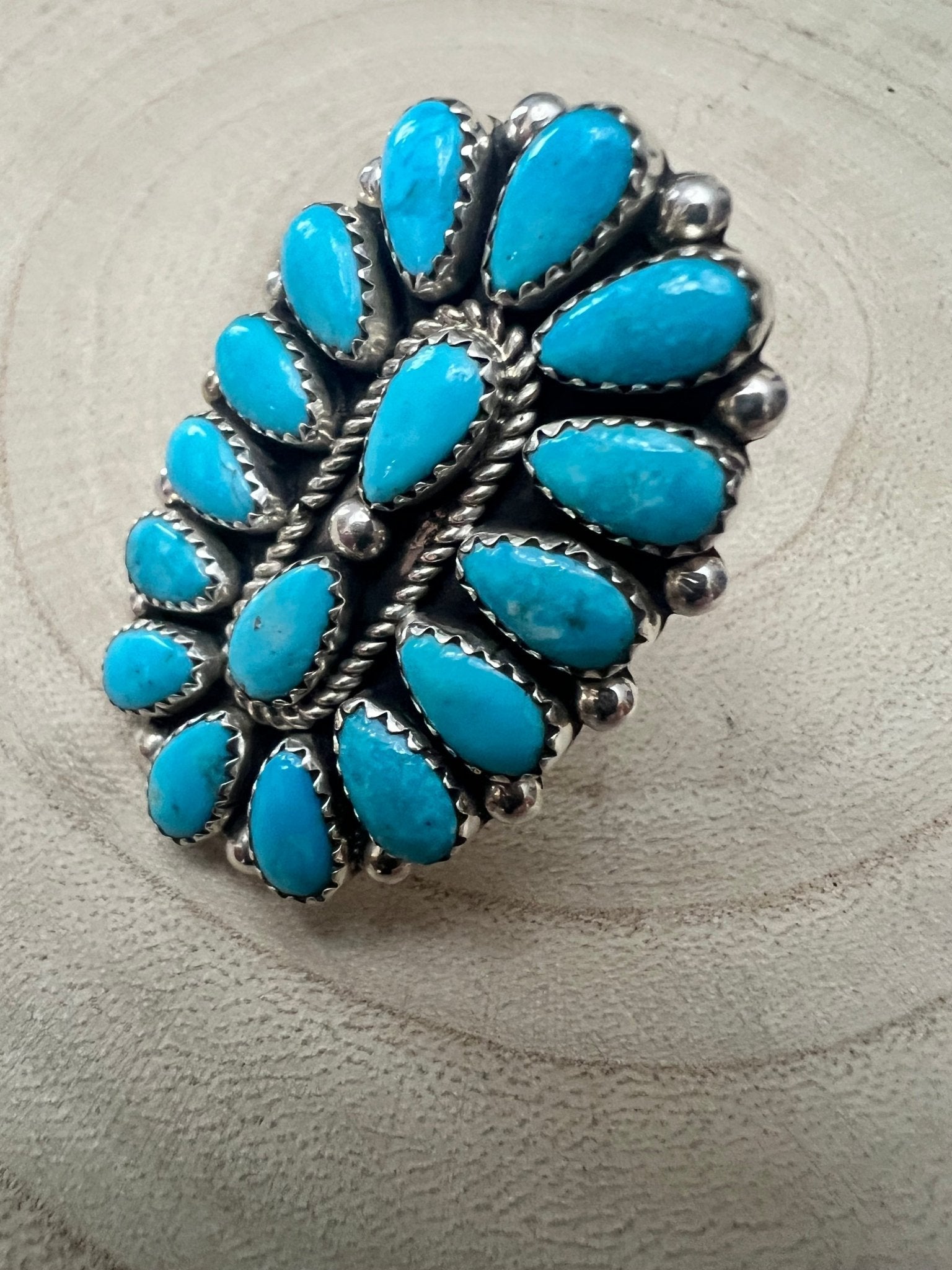 Eunise Wilson Navajo Sterling Silver Ring with Turquoise — Size 8 (Hallmark EJW) - Rooted & Reckless Co.