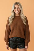 Exposed Hem Drop Shoulder Ribbed Knit Sweater - Rooted & Reckless Co.