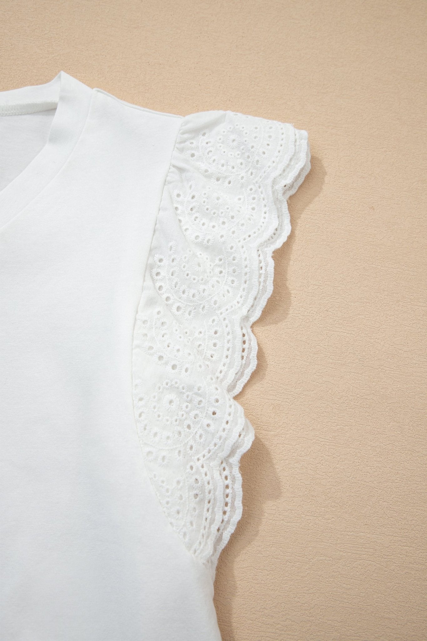 Eyelet Embroidered Flutter Sleeve Patchwork V-Neck Tee - Rooted & Reckless Co.