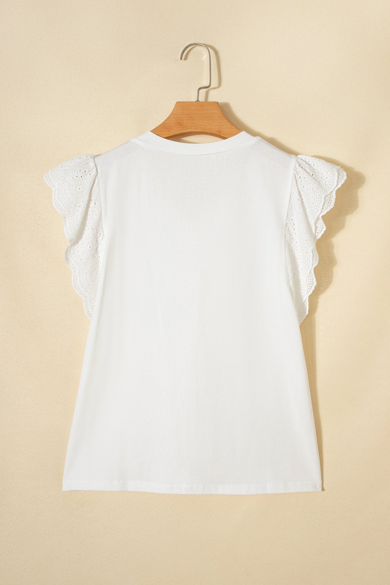 Eyelet Embroidered Flutter Sleeve Patchwork V-Neck Tee - Rooted & Reckless Co.