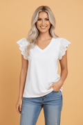 Eyelet Embroidered Flutter Sleeve Patchwork V-Neck Tee - Rooted & Reckless Co.