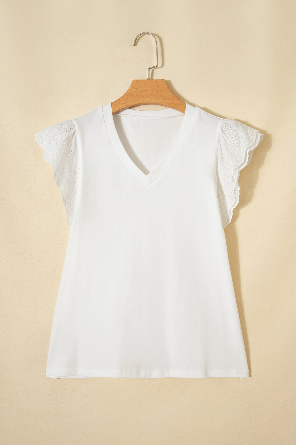 Eyelet Embroidered Flutter Sleeve Patchwork V-Neck Tee - Rooted & Reckless Co.