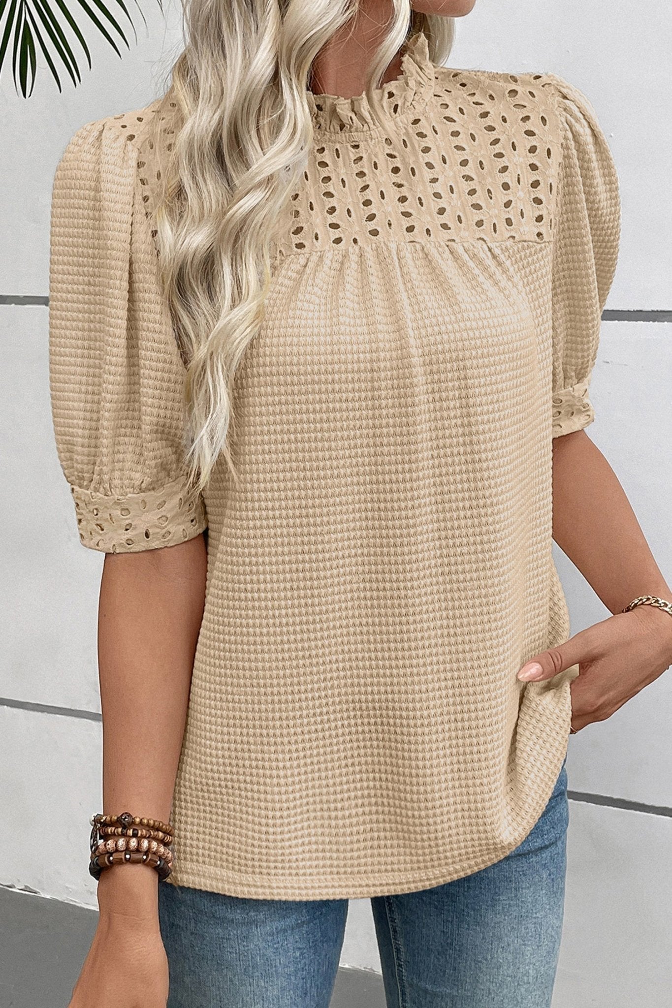 Eyelet Embroidered Patchwork Textured Ruffle Neck Blouse - Rooted & Reckless Co.