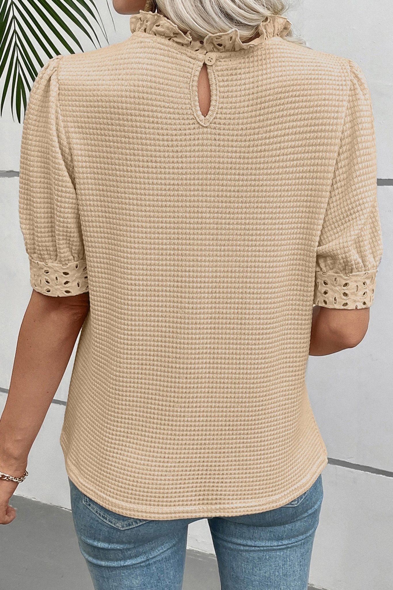 Eyelet Embroidered Patchwork Textured Ruffle Neck Blouse - Rooted & Reckless Co.