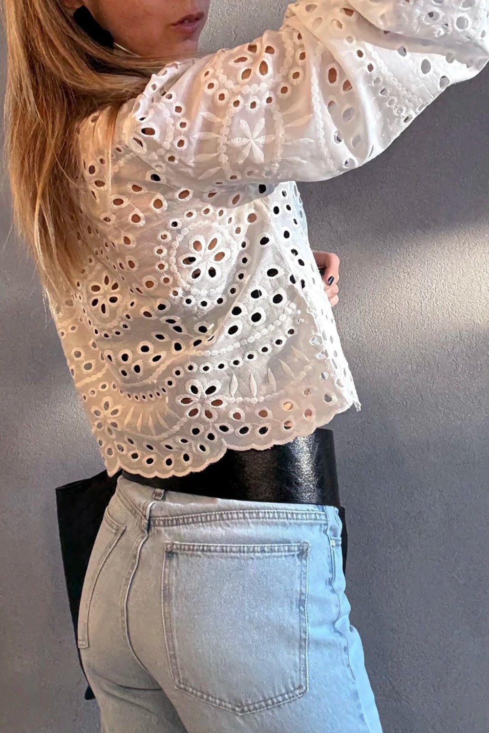 Eyelet Embroidered Puff Sleeve Cropped Shirt - Rooted & Reckless Co.