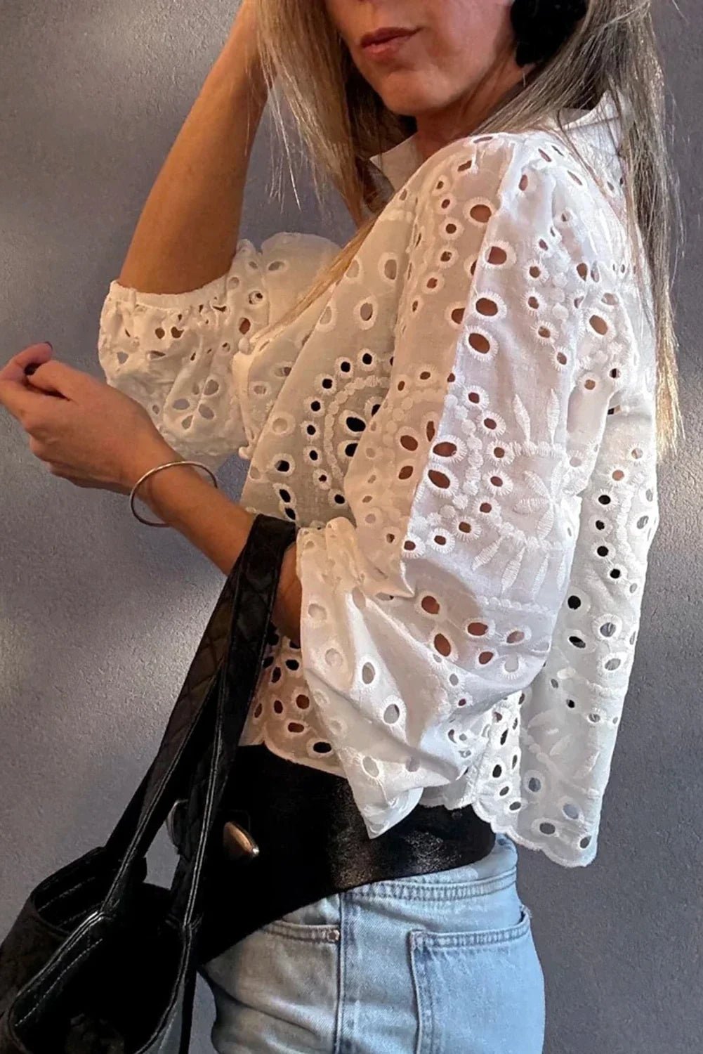 Eyelet Embroidered Puff Sleeve Cropped Shirt - Rooted & Reckless Co.