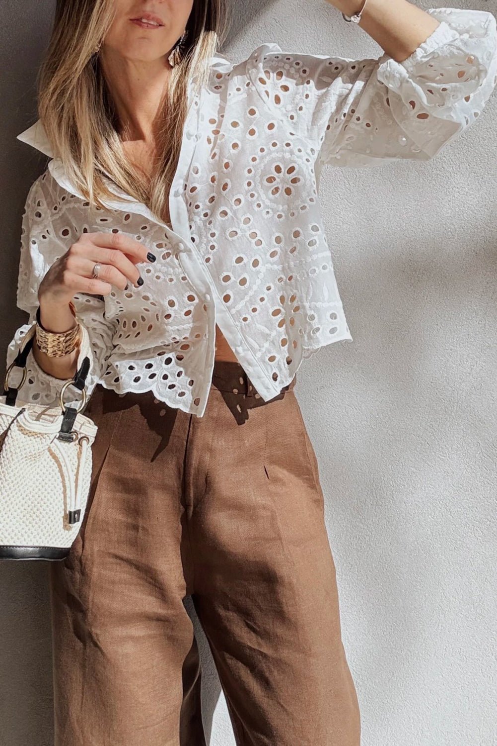 Eyelet Embroidered Puff Sleeve Cropped Shirt - Rooted & Reckless Co.