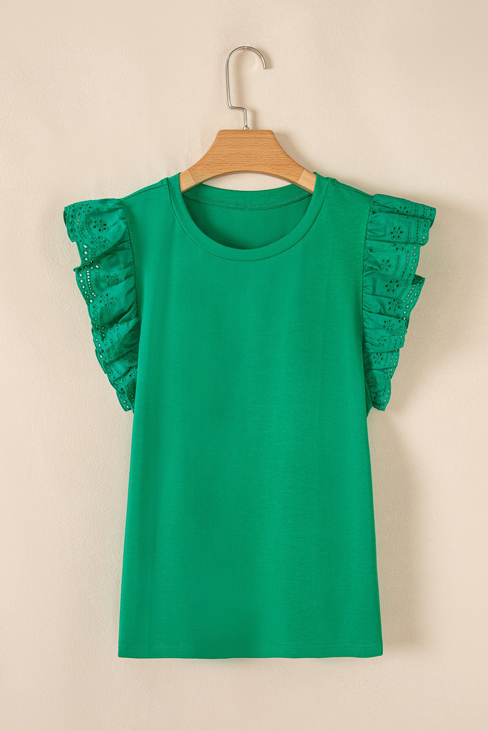 Eyelet Embroidered Ruffle Sleeve Crew Neck Top - Rooted & Reckless Co.