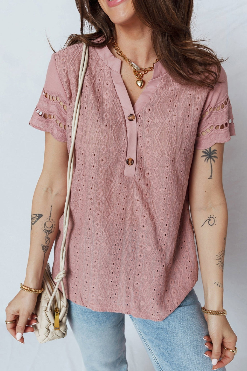 Eyelet Textured Half-Button Short Sleeve Blouse - Rooted & Reckless Co.