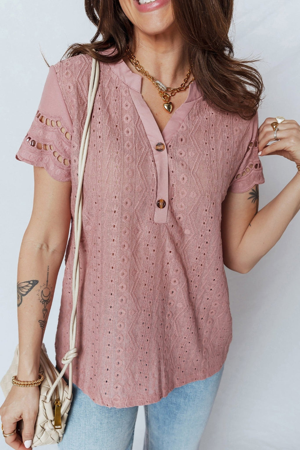 Eyelet Textured Half-Button Short Sleeve Blouse - Rooted & Reckless Co.