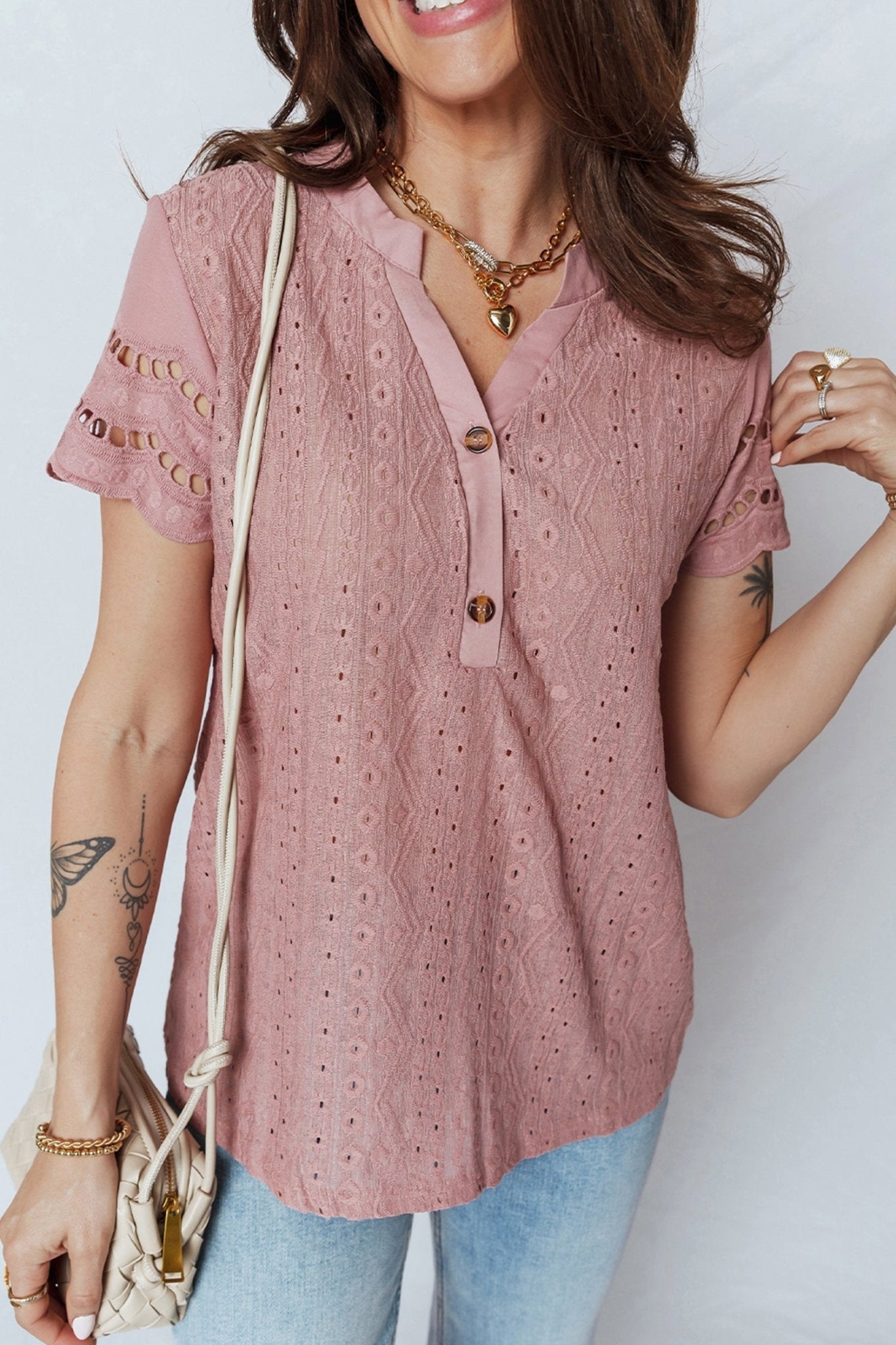 Eyelet Textured Half-Button Short Sleeve Blouse - Rooted & Reckless Co.