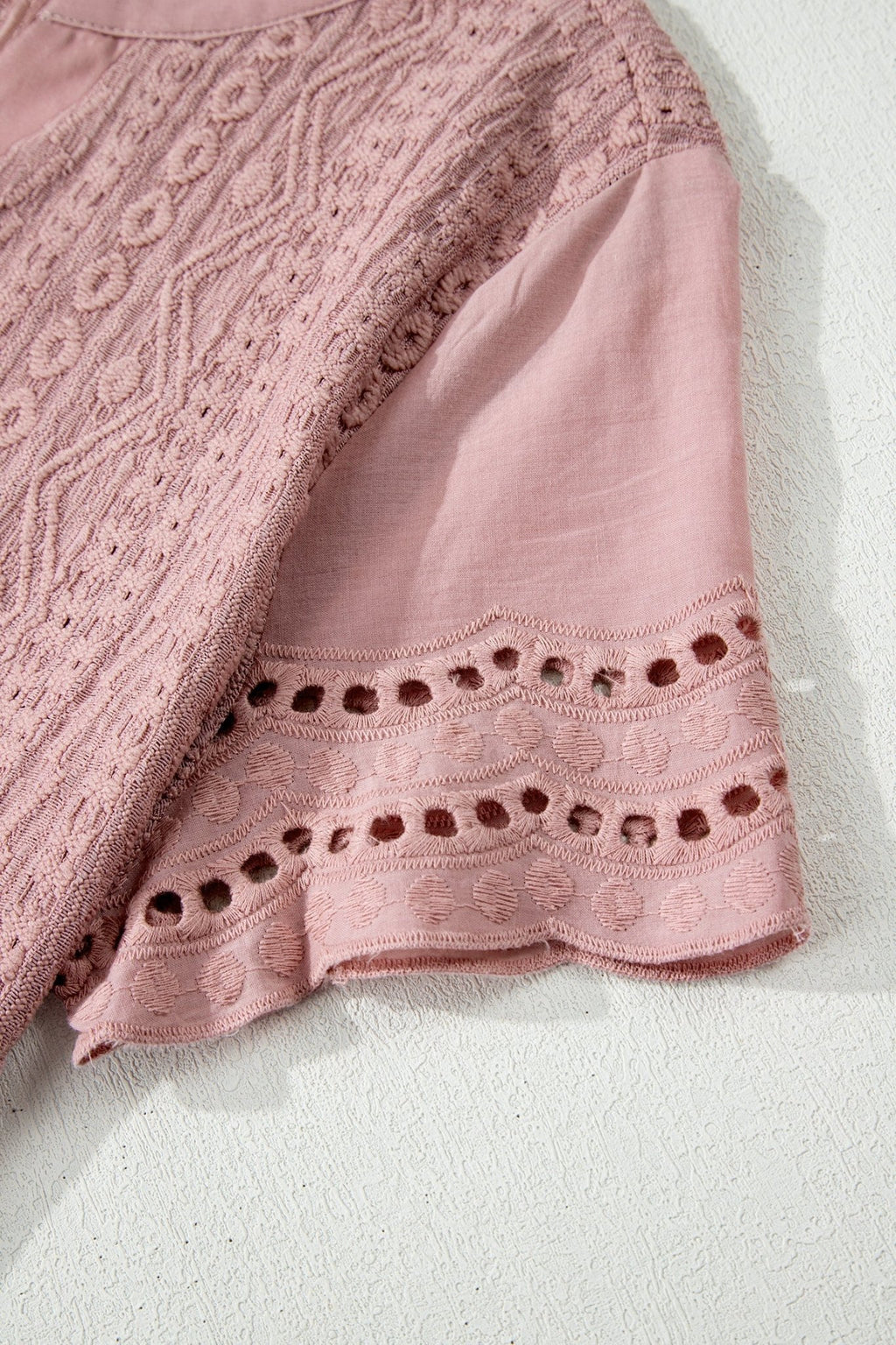 Eyelet Textured Half-Button Short Sleeve Blouse - Rooted & Reckless Co.