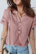Eyelet Textured Half-Button Short Sleeve Blouse - Rooted & Reckless Co.