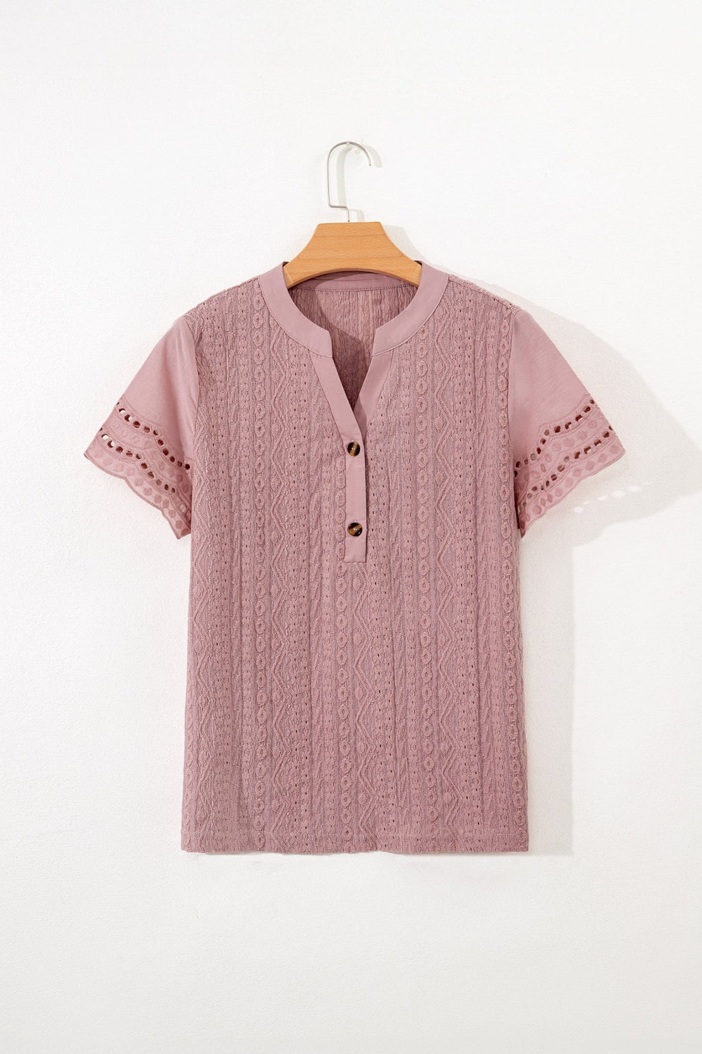 Eyelet Textured Half-Button Short Sleeve Blouse - Rooted & Reckless Co.
