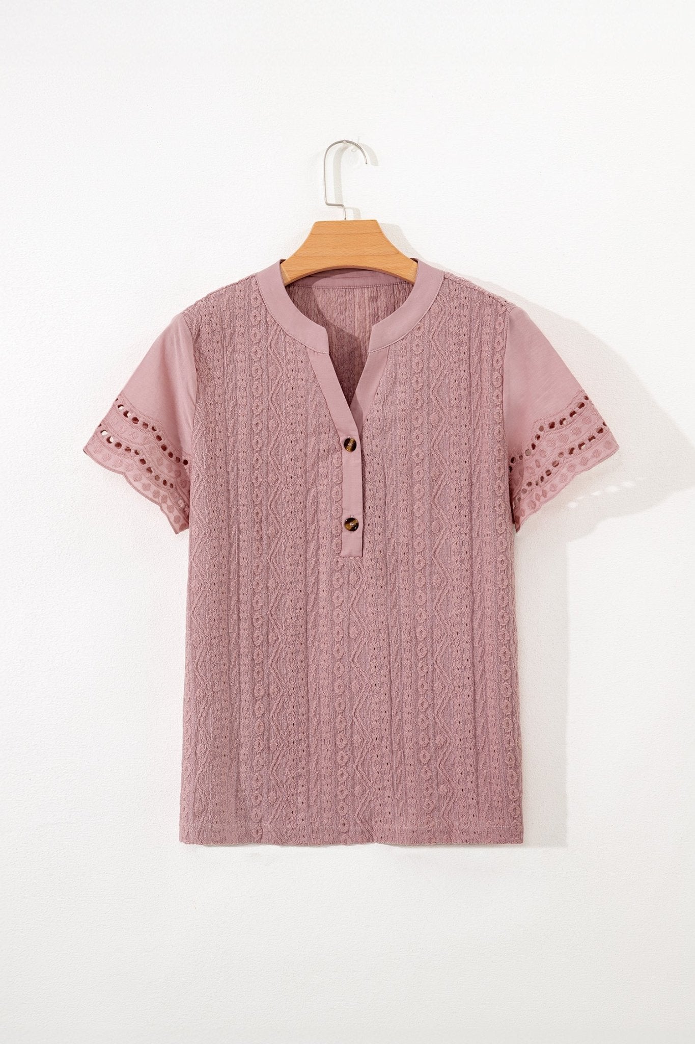 Eyelet Textured Half-Button Short Sleeve Blouse - Rooted & Reckless Co.