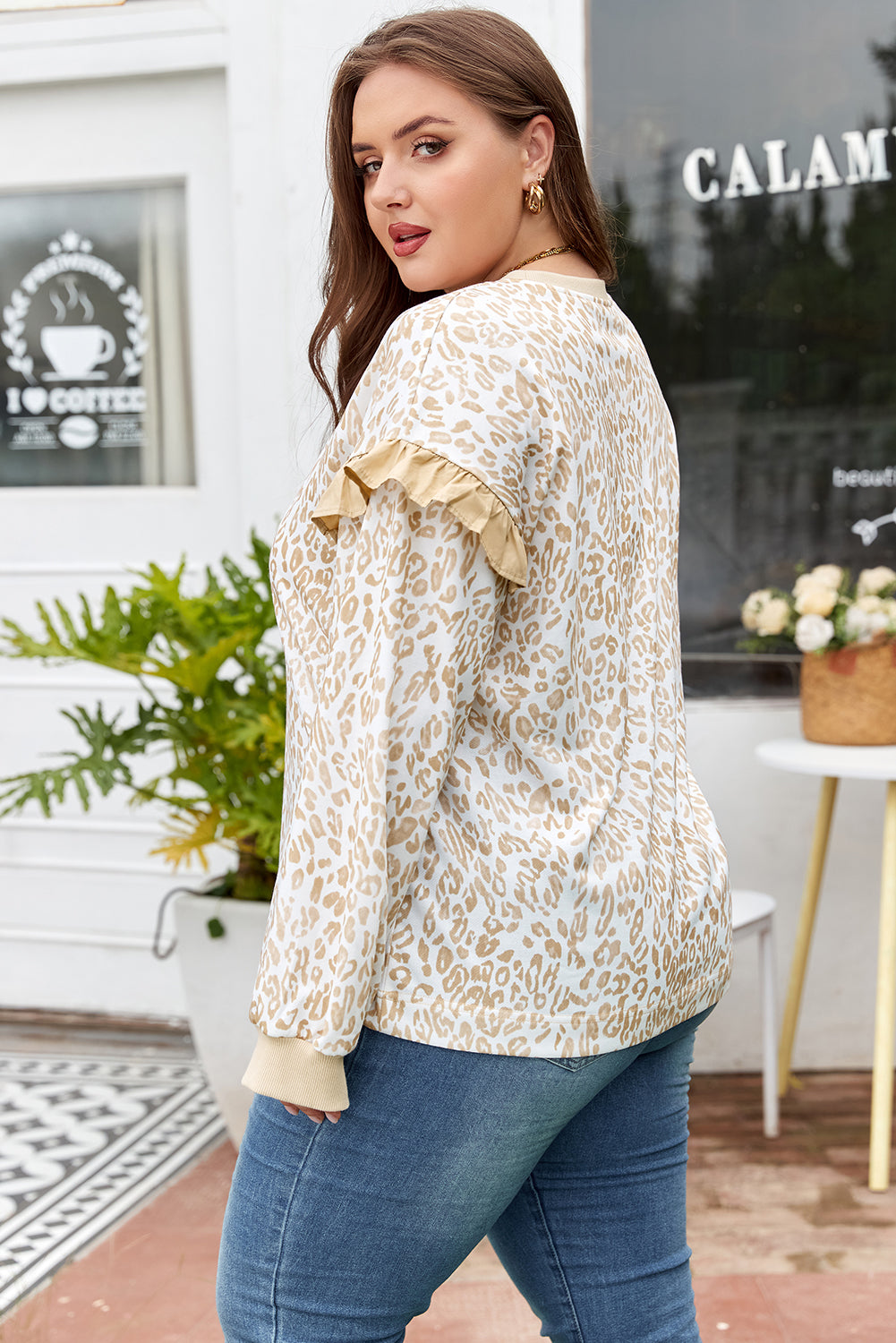 Plus Size Leopard Ruffle Long Sleeve Sweatshirt