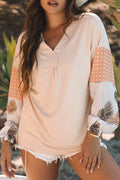 Tropical Polka Dot Patchwork Puff Sleeve V-Neck Blouse