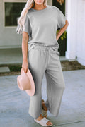 Solid Textured T-Shirt and Drawstring Pants Set