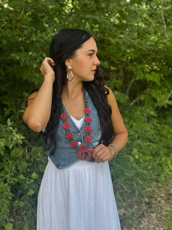 Faux Coral Long Squash Blossom Statement Necklace - 32 inch necklace - Rooted & Reckless Co.