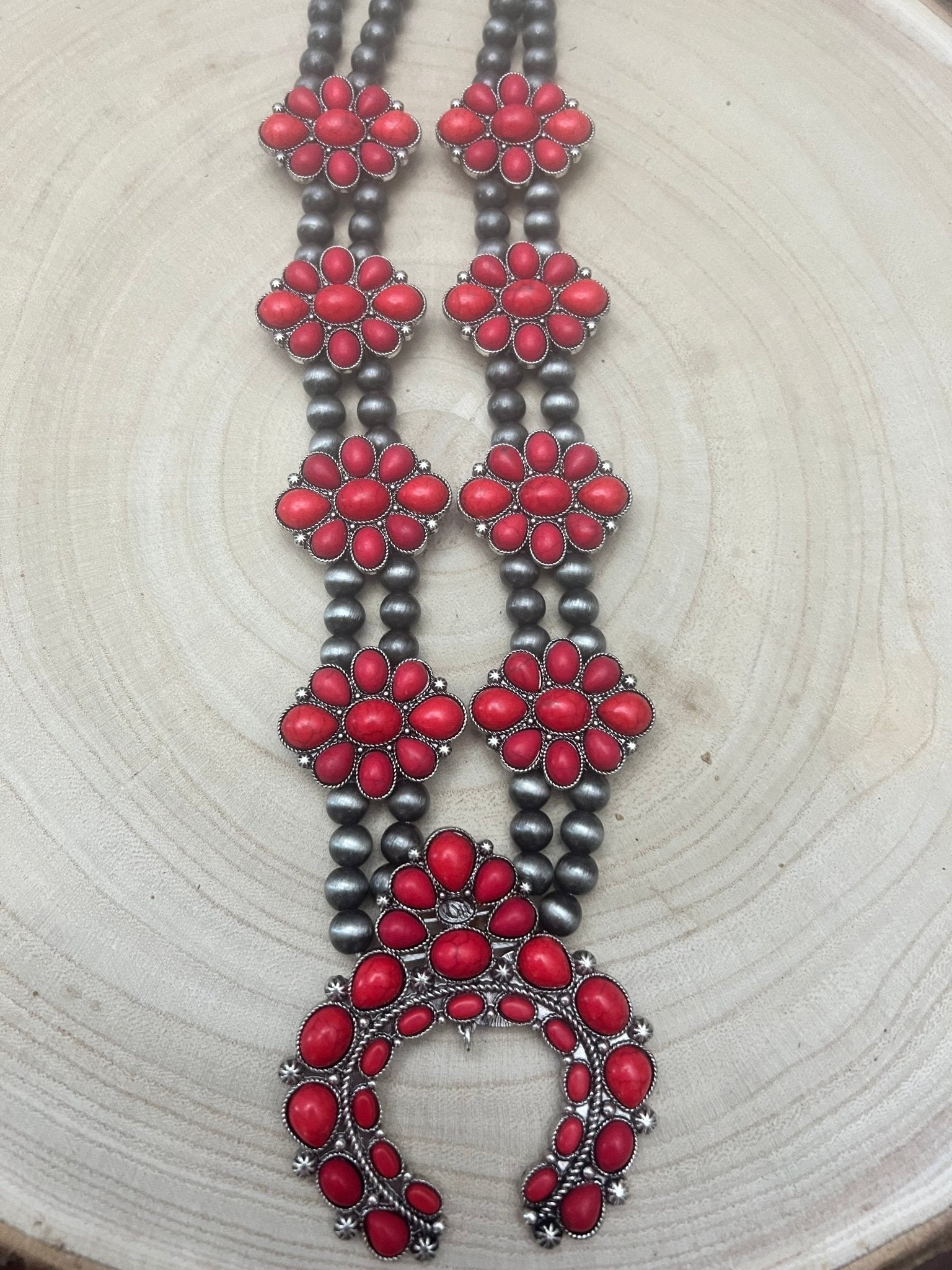 Faux Coral Long Squash Blossom Statement Necklace - 32 inch necklace - Rooted & Reckless Co.