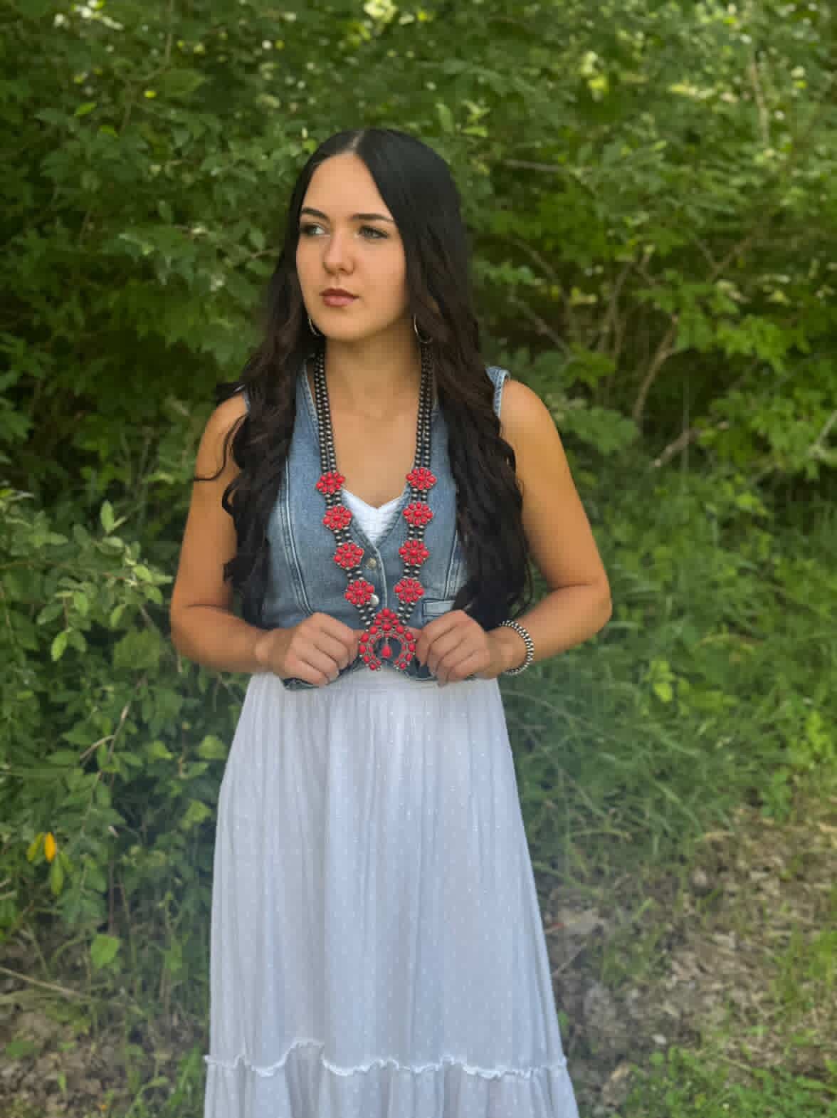 Faux Coral Long Squash Blossom Statement Necklace - 32 inch necklace - Rooted & Reckless Co.