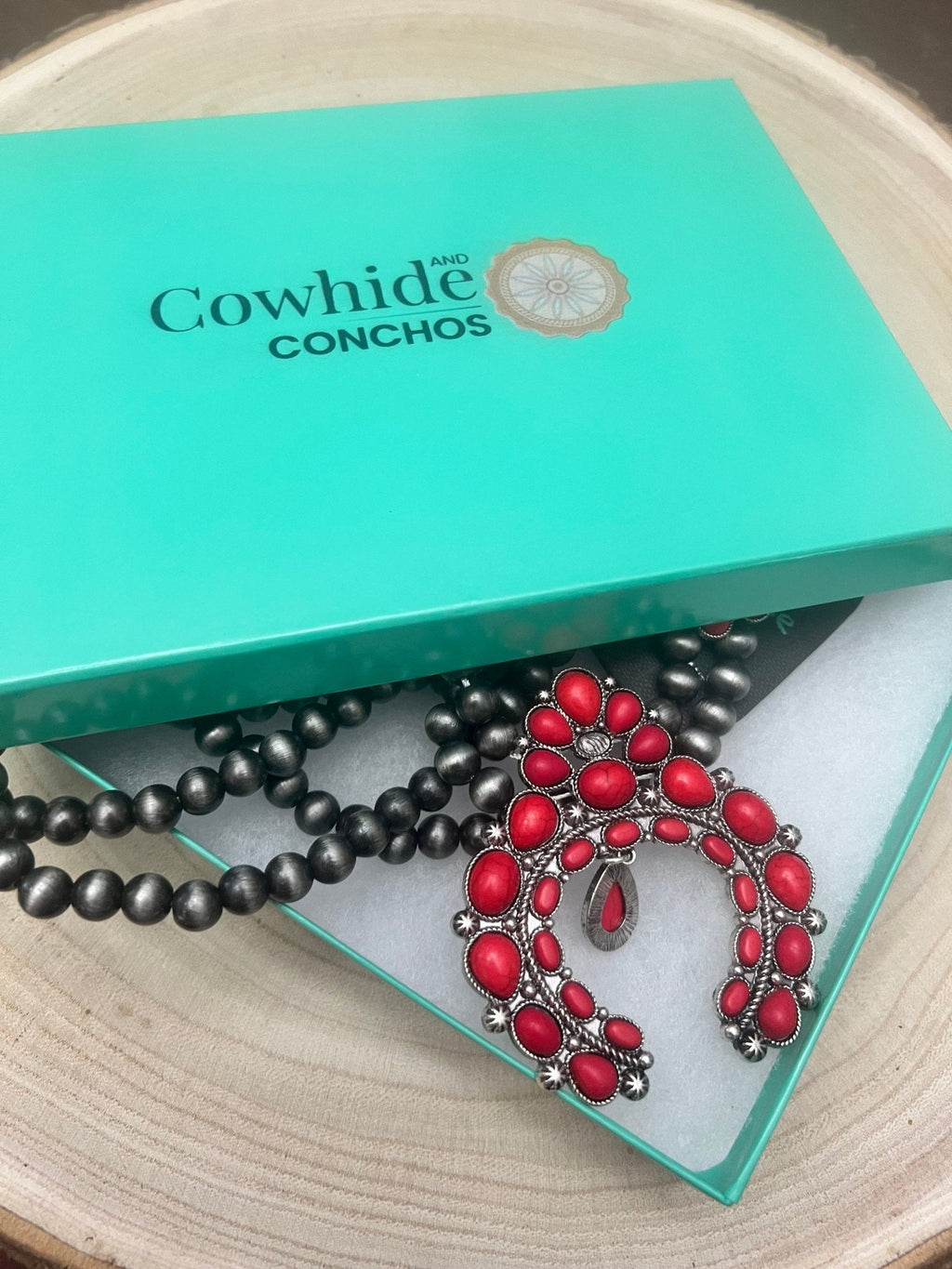 Faux Coral Long Squash Blossom Statement Necklace - 32 inch necklace - Rooted & Reckless Co.