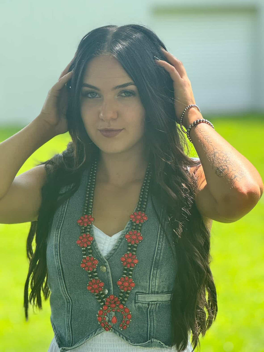 Faux Coral Long Squash Blossom Statement Necklace - 32 inch necklace - Rooted & Reckless Co.