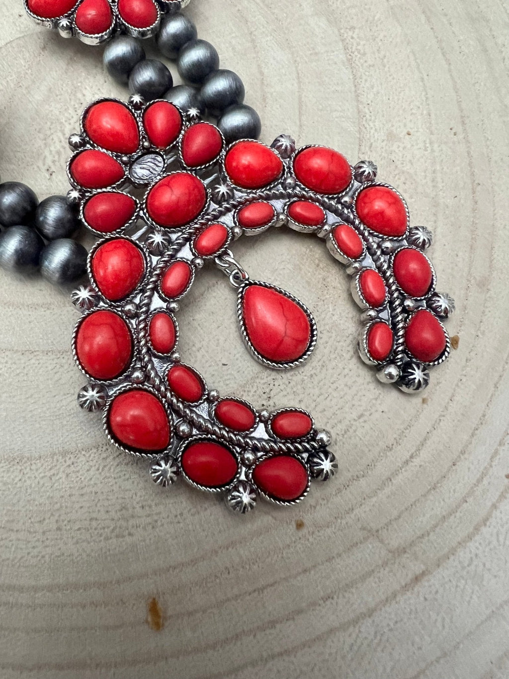 Faux Coral Long Squash Blossom Statement Necklace - 32 inch necklace - Rooted & Reckless Co.