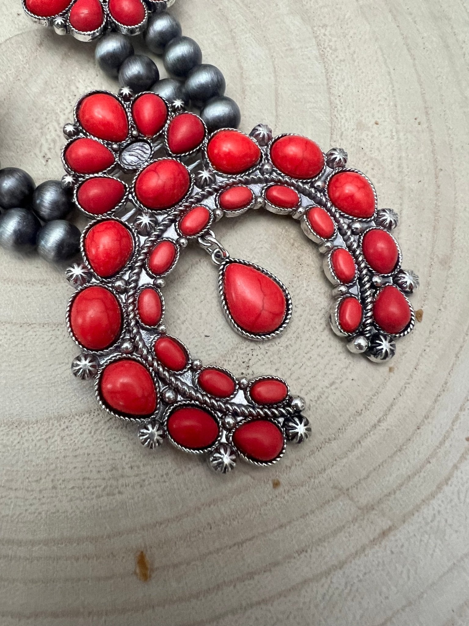 Faux Coral Long Squash Blossom Statement Necklace - 32 inch necklace - Rooted & Reckless Co.