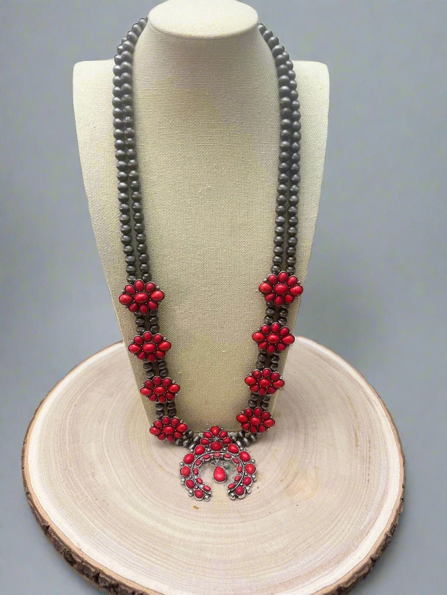 Faux Coral Long Squash Blossom Statement Necklace - 32 inch necklace - Rooted & Reckless Co.