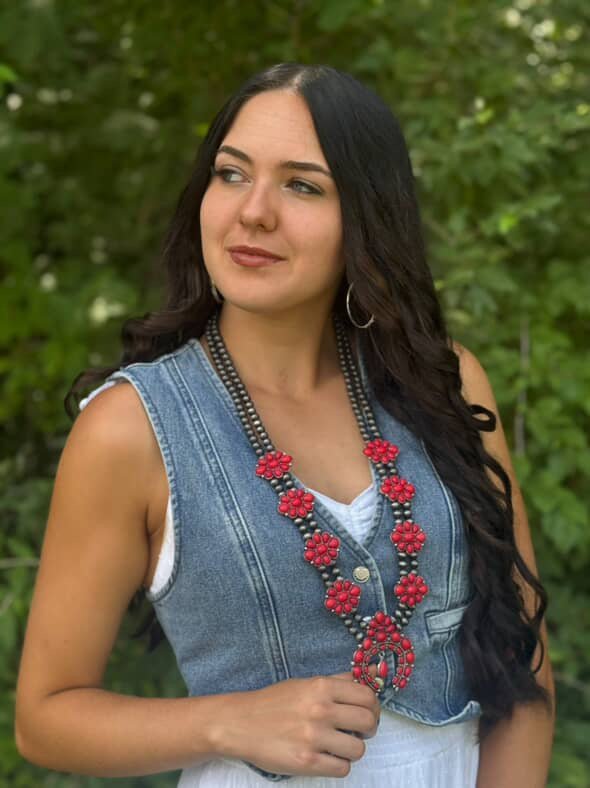 Faux Coral Long Squash Blossom Statement Necklace - 32 inch necklace - Rooted & Reckless Co.