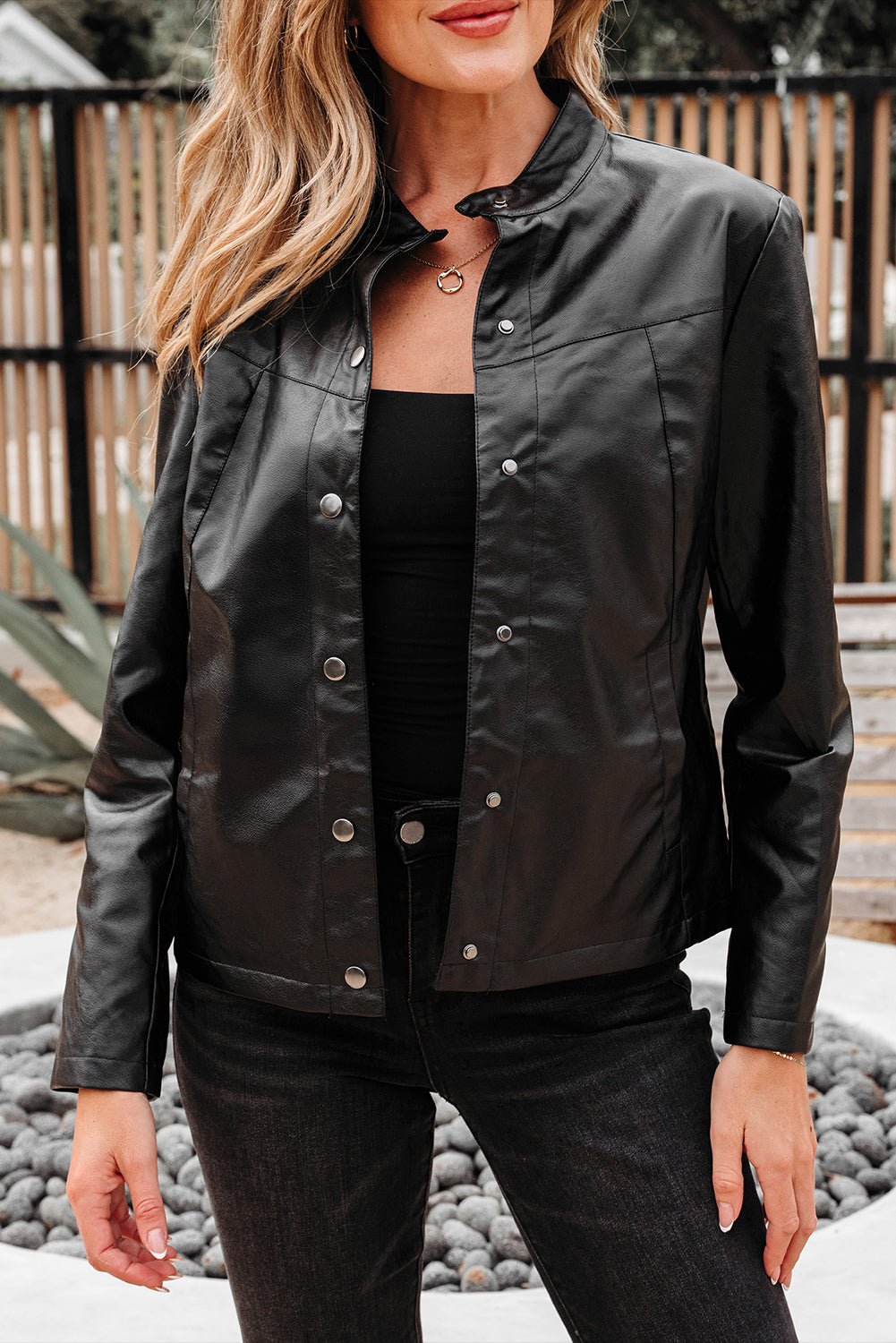 Faux Leather Button-Front Boxy Jacket - Rooted & Reckless Co.