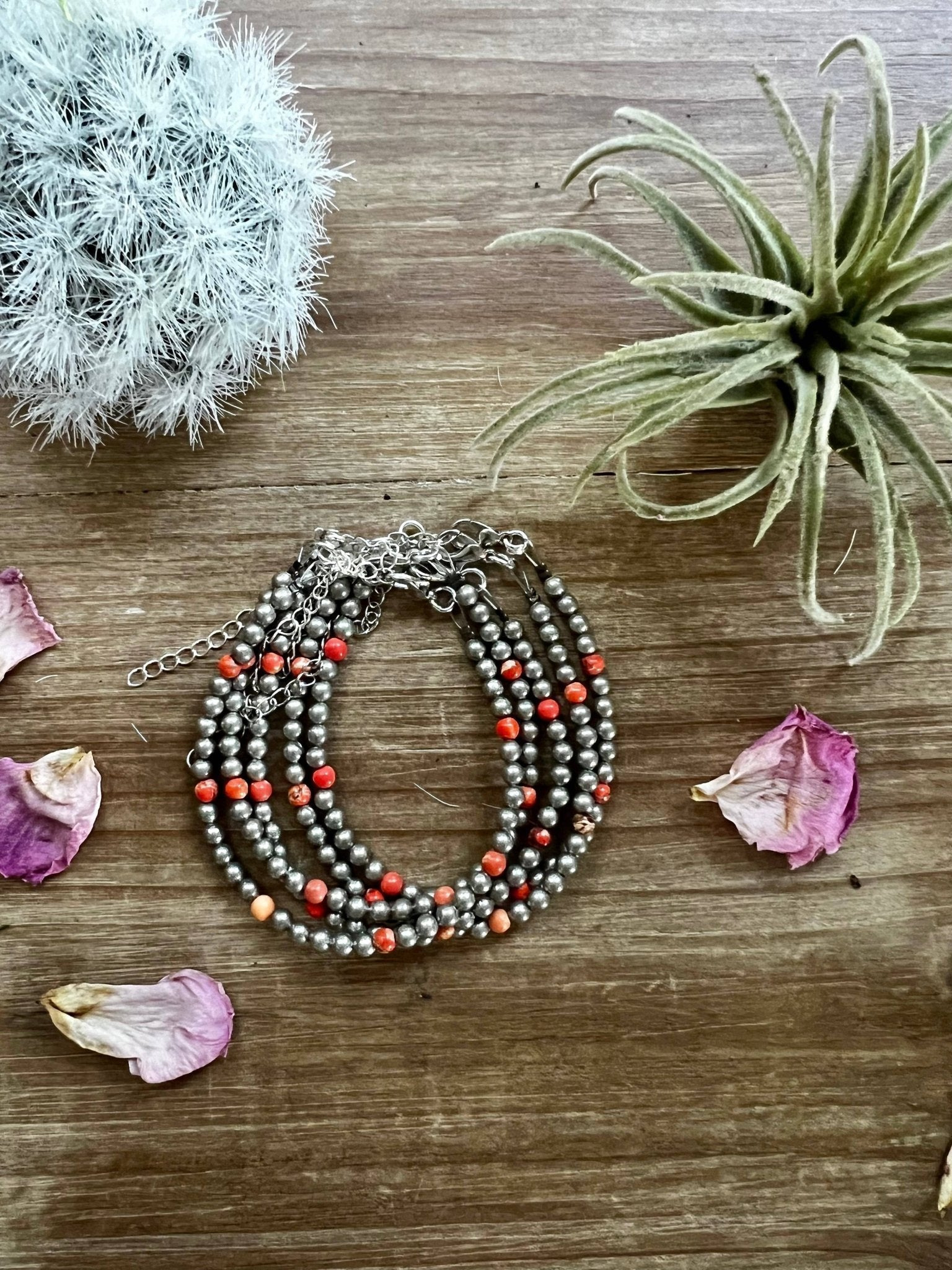 Faux Pearl & Orange Magnesite Western Bracelet — Silver Plated with Extender - Rooted & Reckless Co.