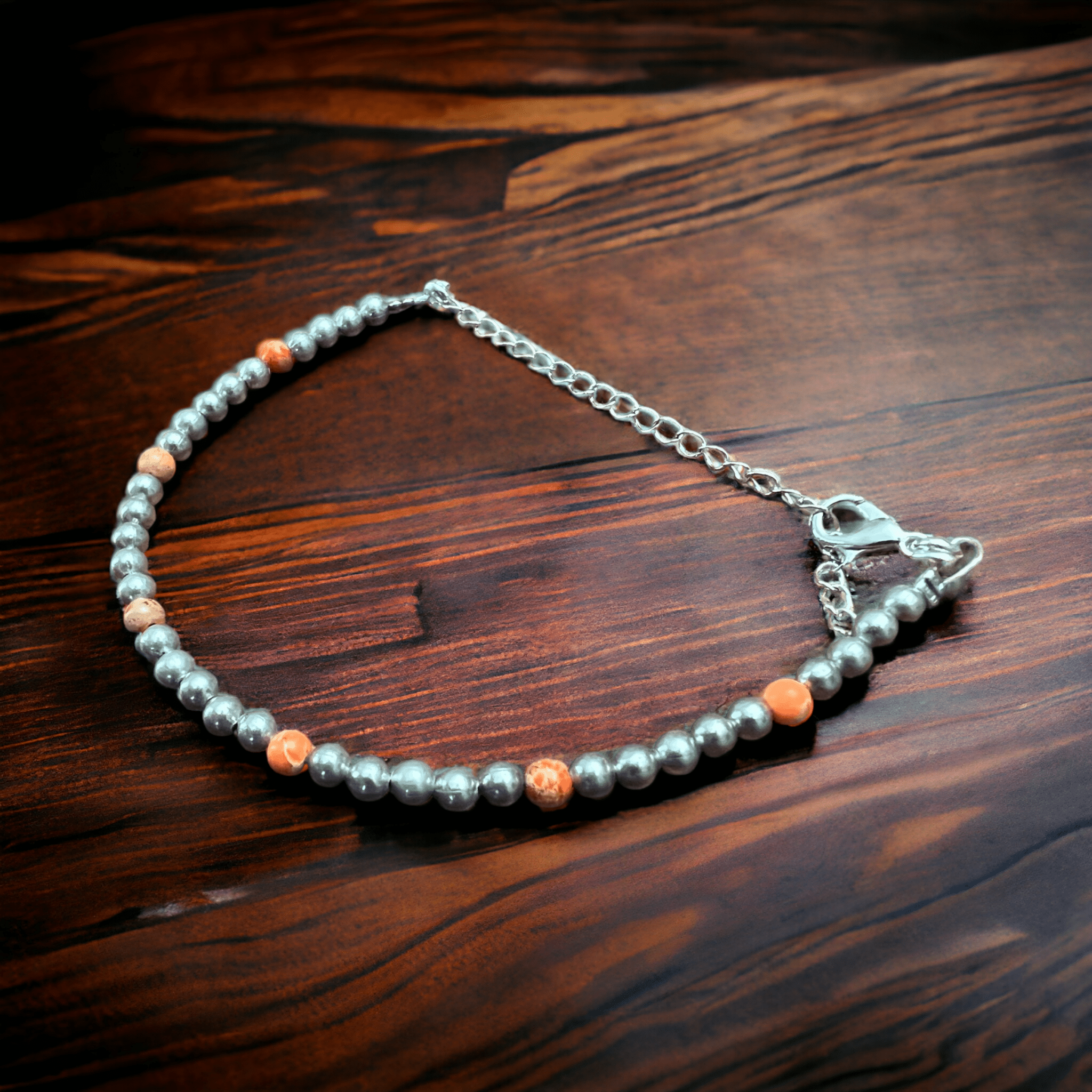 Faux Pearl & Orange Magnesite Western Bracelet — Silver Plated with Extender - Rooted & Reckless Co.