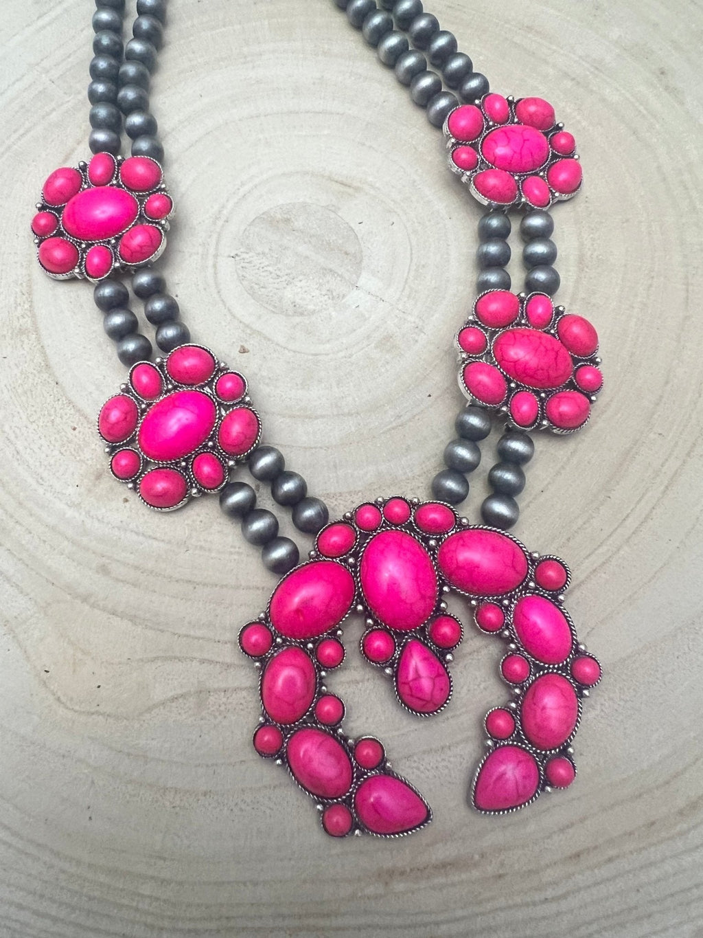 Faux Pink Squash Blossom Necklace on Double Strand Pearls - 18 inch necklace - Rooted & Reckless Co.