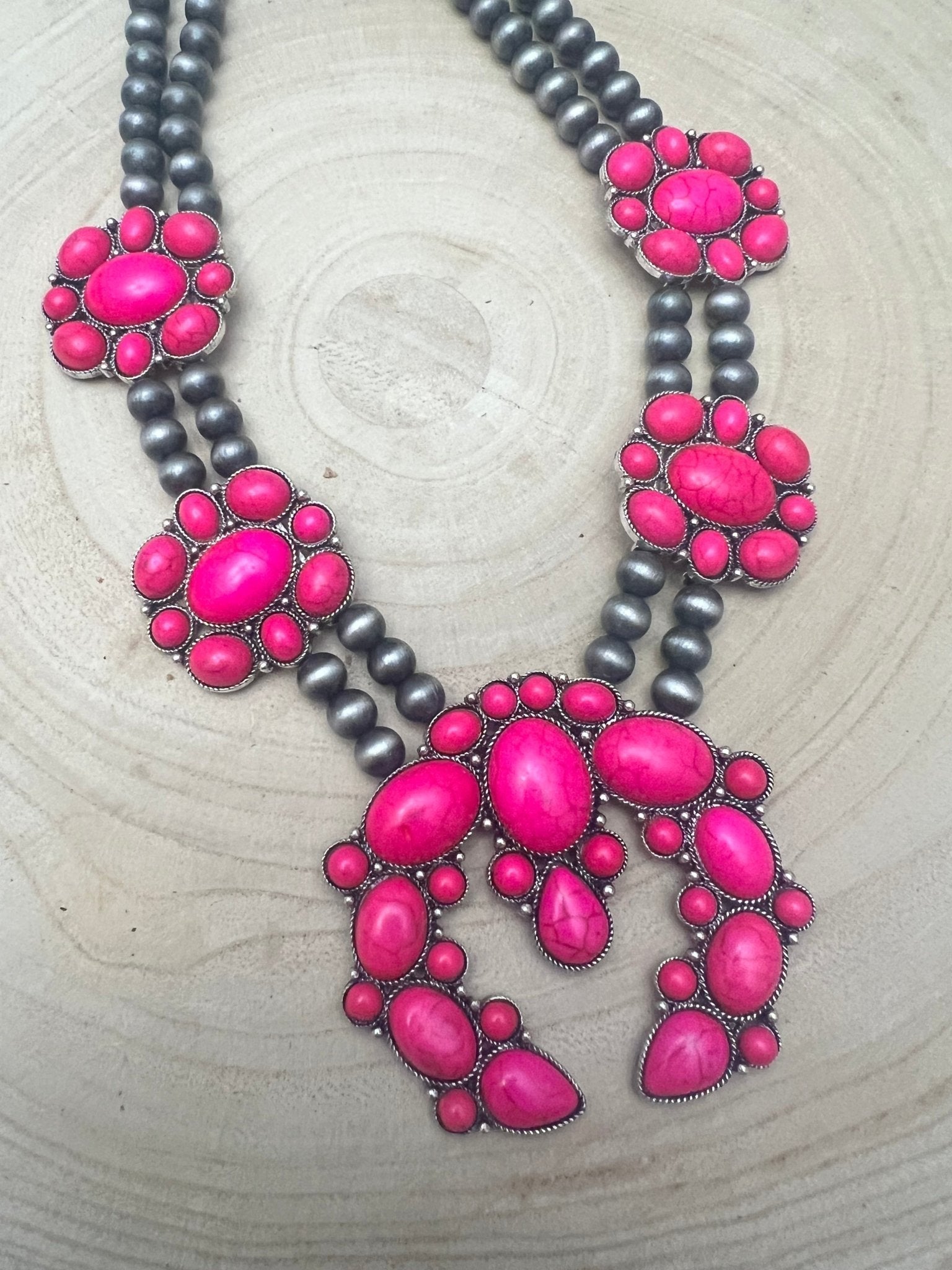 Faux Pink Squash Blossom Necklace on Double Strand Pearls - 18 inch necklace - Rooted & Reckless Co.