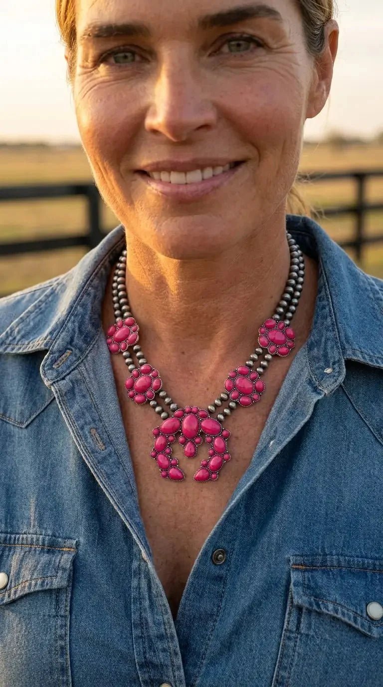 Faux Pink Squash Blossom Necklace on Double Strand Pearls - 18 inch necklace - Rooted & Reckless Co.